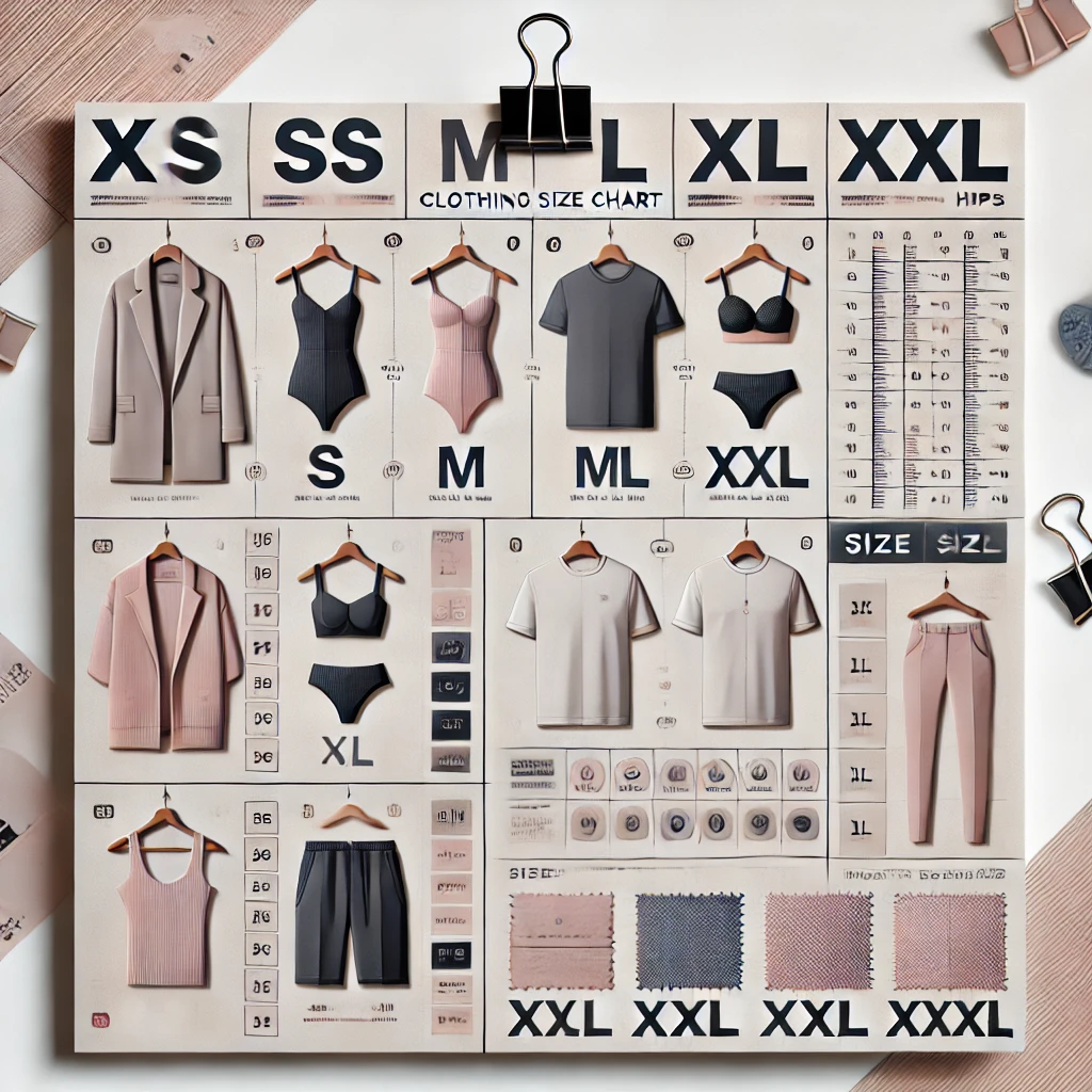 Clothing Size Chart XS, S, M, L, XL, XXL, XXXL